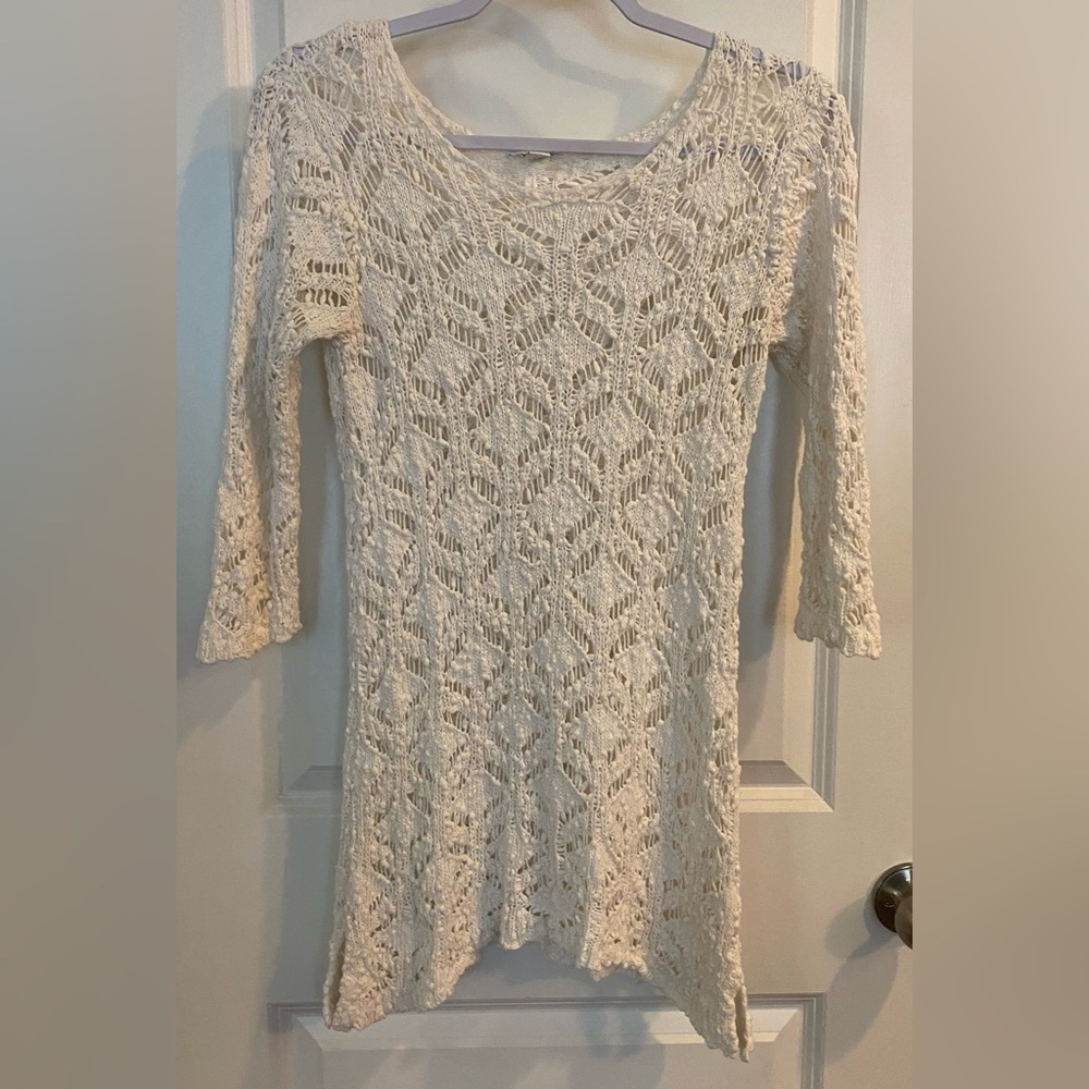 J Jill Sweater Tunic Size XS Missy White Open Knit Crochet 100% Cotton Boho